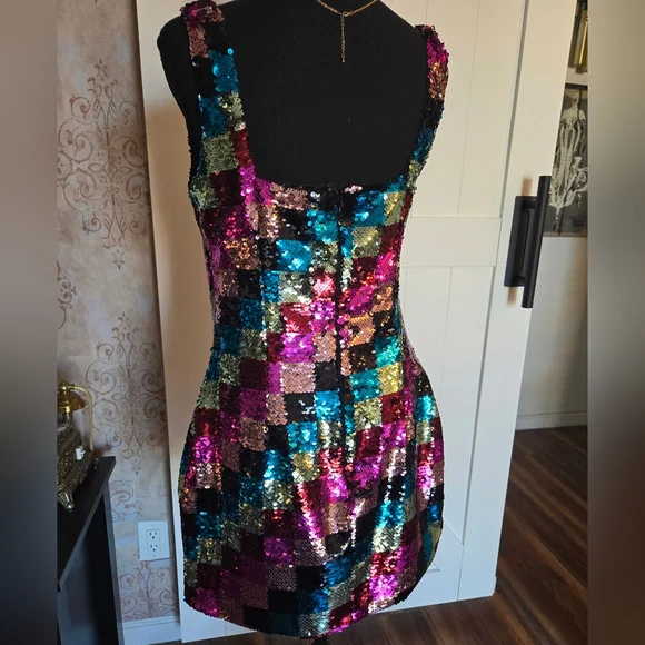 NASTY GAL Sequin Colorful Checkerboard Mini Dress Size 8 - Picture 12 of 14